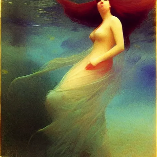 Image similar to woman underwater photography with a long flowing dress, flowing hair, burnt skin, and different colored multi-colored eyes by Ivan Aivazovsky and Odilon Redon, award winning, epic, cosmic, dreamy, underwater