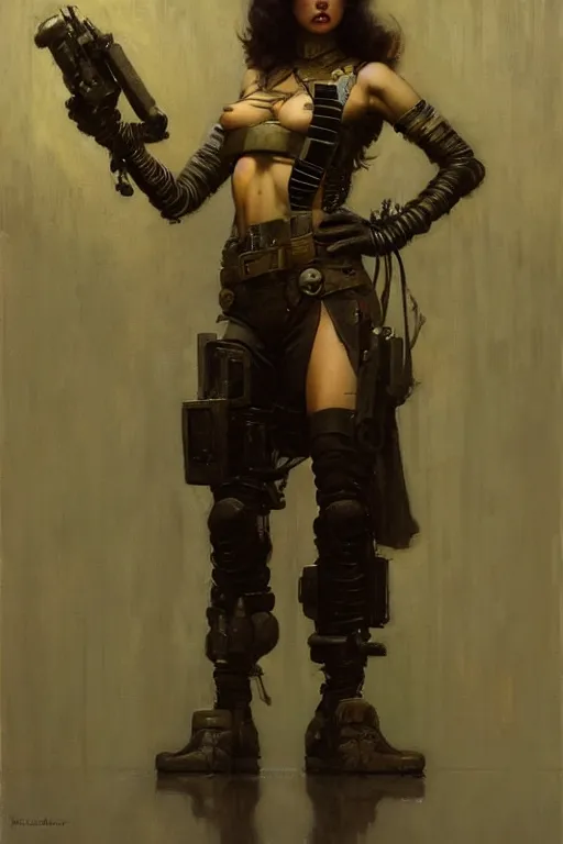 Image similar to full character portrait max mad cyberpunk, machinist tech solider girl character design, painting by gaston bussiere, katsuya terada, nc wyeth, greg rutkowski, craig mullins, vermeer, frank frazetta, tom of finland, trending on artstation, jeffery catherine jones