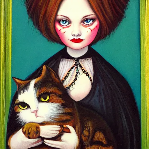 Image similar to a painting of a woman holding a cat, a character portrait by mark ryden, featured on deviantart, gothic art, tarot card, deviantart, gothic