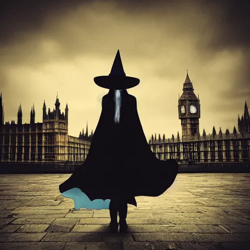 Image similar to A witch wearing a hat flying on her broom,the Big Ben is in background,gloomy lighting,creepy atmosphere,photo , highly detailed , high contrast, beautiful lighting, award winning ,u trending on art station, 8k, photo realistic