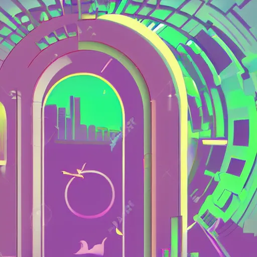 Image similar to art deco vaporwave illustration of a green park in a futuristic pastel city