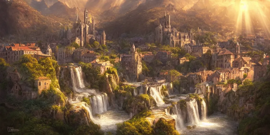 Prompt: beautiful waterfall between lush mountains in the sunset casting rays of light into medieval city below, highly detailed, baroque, brutalist architecture, sharp focus, artgerm, cgsociety, desaturated