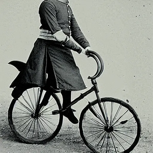 Image similar to a vintage photo of a knight in armor riding a pennyfarthing bicycle-H 768