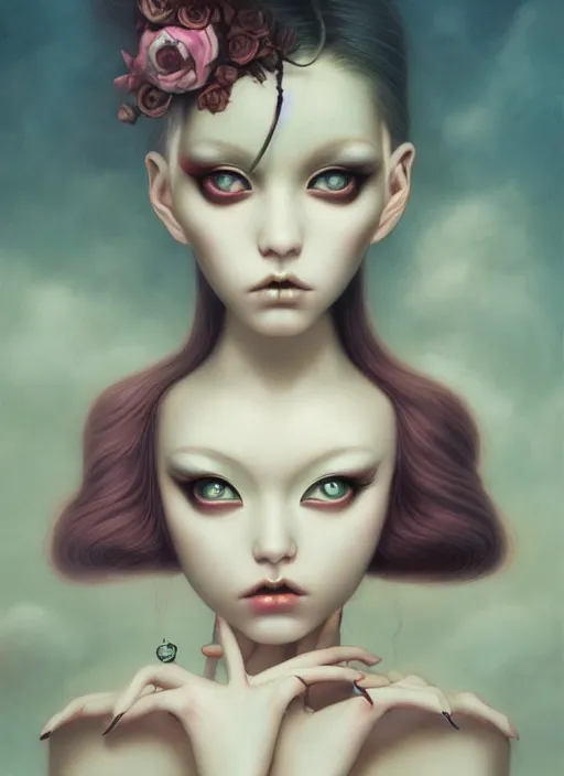 Image similar to pop surrealism, lowbrow art, realistic cute seductive female figure painting, japanese street fashion, hyper realism, muted colours, natalie shau tom bagshaw, mark ryden, trevor brown style,