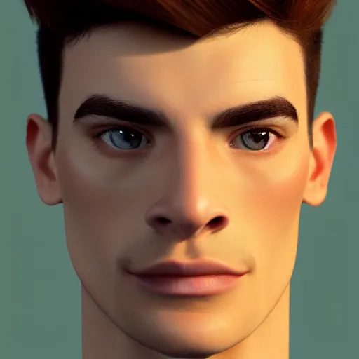 Image similar to tall man in his twenties with brown blond short quiff hair and thin slightly round facial structure with cleft chin, straight eyebrows and prominent nose, good definition of cheekbones, big hazel nut brown eyes, narrow face, slim body, atmospheric lighting, unreal engine 5, minecraft, highly detailed by charlie bowater