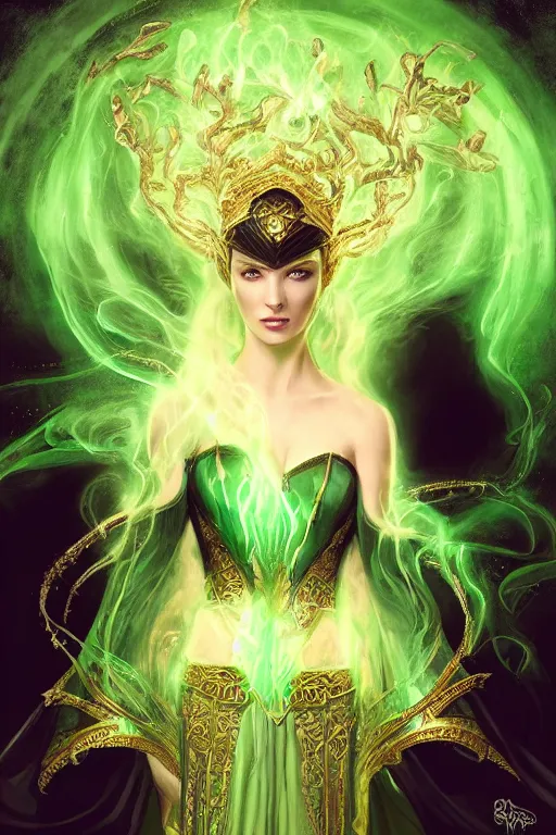 Image similar to a portrait of a beautiful sorceress wearing a black robe with gold embroidery, casting a spell, green glows, painted by artgerm and tom bagshaw, in the style of magic the gathering, highly detailed digital art