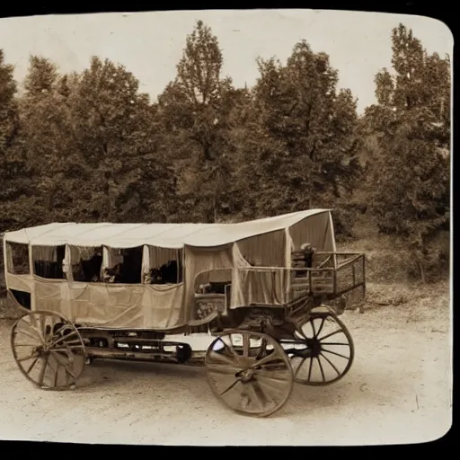 Image similar to a birds - eye view sepia photograph of a delorean made into a covered wagon, traveling in a line with covered wagons and cattle