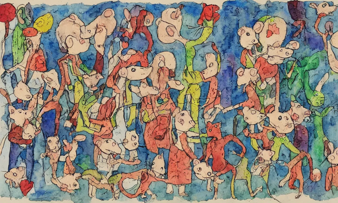 Image similar to a man made of mice outsider art children's illustration watercolor painting