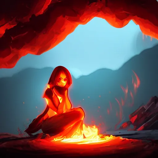 Prompt: Hot fire giantess made of fire, sitting down, shrouded humanoid sitting on her lap, fire in hand, concept art, artstation, 4k