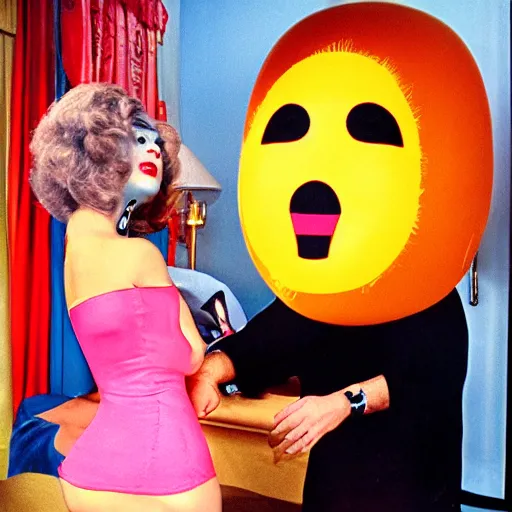 Prompt: bored housewife wearing an inflatable cartoon face meets a handsome man in a seedy motel room, 1982 color Fellini film, archival footage, technicolor film, 16mm, wacky children's tv with anthropomorphic head