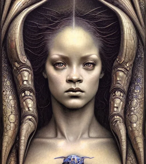 Image similar to detailed realistic beautiful young medieval alien robot rihanna face portrait by jean delville, gustave dore and marco mazzoni, art nouveau, symbolist, visionary, gothic, pre - raphaelite. horizontal symmetry by zdzisław beksinski, iris van herpen, raymond swanland and alphonse mucha. highly detailed, hyper - real, beautiful, fractal baroque