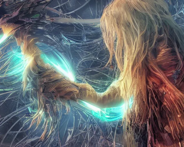 Image similar to glowing hair, complex cybernetic beings, beautiful hairy humanoids, cybermagnetosphere, cybernetic civilizations, ornate hair, love, joy, vortexes, large arrays, data holograms, 8 k, cinematic light shadows, wet hdr refractions, *, * * *, * * * * *