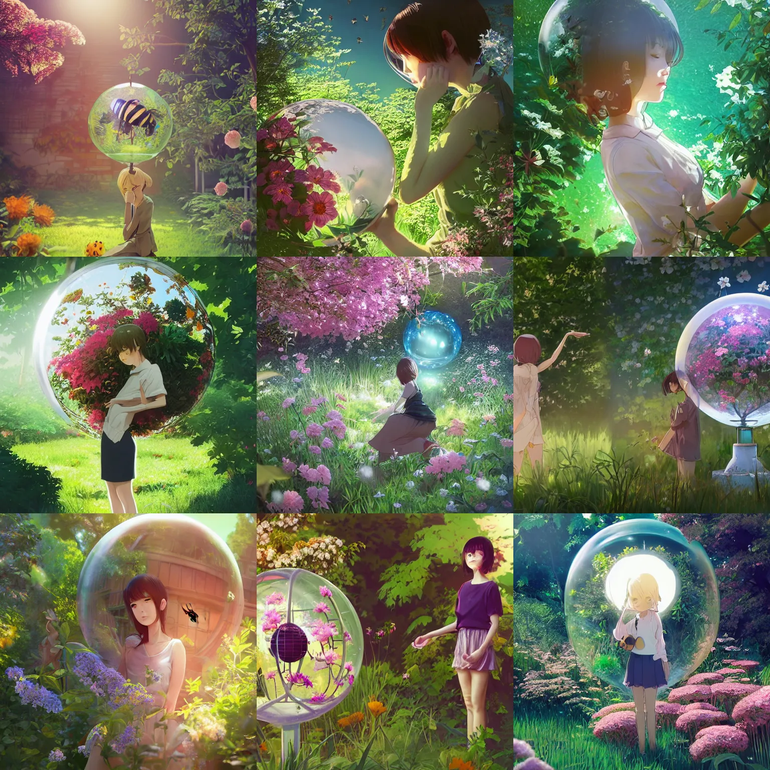 Prompt: transparent globe in the garden, flowers and foliage around it, there's a bee inside the globe, igital anime art by wlop, medium shot, mid - shot, composition by ilya kuvshinov, lighting by greg rutkowski