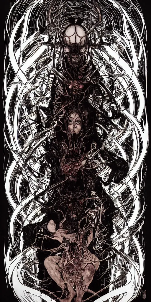 Prompt: intense glowing black metal pagan god with horns and spider eyes and spider legs with a skull in very dark void by josan gonzales and moebius and alphonse mucha, portrait, studio muti, malika favre, rhads, makoto