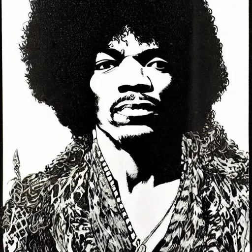 Image similar to artwork by Franklin Booth showing a portrait of Jimi Hendrix