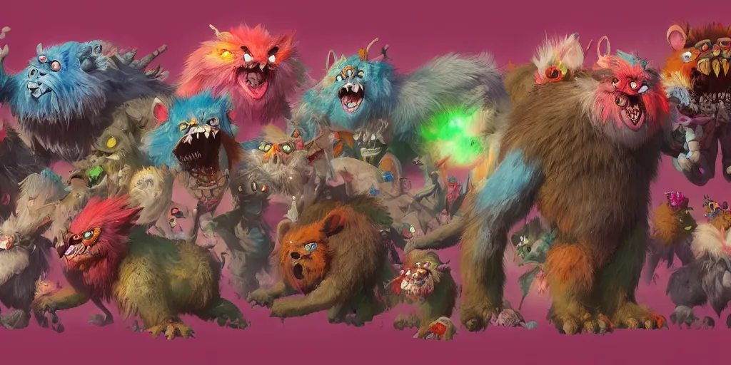 Image similar to big friendly furry monster design, colorful, character sheet, concept design, greg rutkowski, zabrocki, karlkka, jayison devadas, trending on artstation, 8 k, ultra wide angle, zenith view, pincushion lens effect