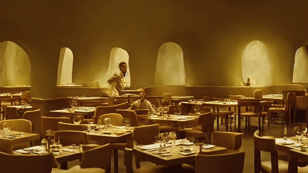 Prompt: the restaurant walls are bending, film still from the movie directed by denis villeneuve and david cronenberg with art direction by salvador dali and zdzisław beksinski, wide lens