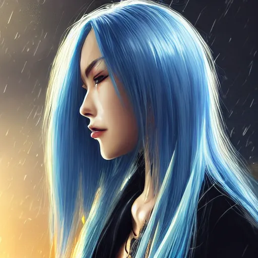 Image similar to side profile of rimuru tempest with sky blue hair, long hair, sharp face, gold eyes, high collar, black jacket | shiny, highly detailed, rain, professional digital painting, concept art, award - winning photography, cinematic, wlop | art by pixiv art, yoshitaka amano, junji ito