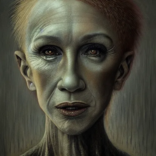 Image similar to portrait of kathy griffin, horror art by beksinski and szukalski and giger and and pyromallis and dzo and iris compiet and seb mckinnon, digital art, highly detailed, intricate, sharp focus, trending on artstation hq, deviantart, pinterest, unreal engine 5, 4 k uhd image