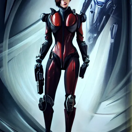 Image similar to A combination of Ada Wong's and Grace Kelly's and Ashley Greene's appearances with blonde hair wearing Warframe armor, high tech, action shot, angular, full body portrait, futuristic, dramatic, fantasy, intricate, elegant, highly detailed, artstation, matte, sharp focus, 8K, art by Donato Giancola and James Gurney