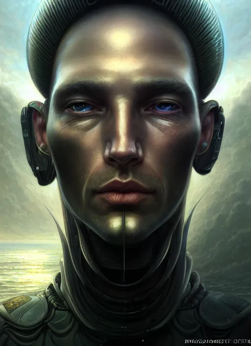 Image similar to closeup portrait shot of a male android in a scenic dystopian environment, intricate, elegant, highly detailed, centered, digital painting, artstation, concept art, smooth, sharp focus, illustration, artgerm, tomasz alen kopera, peter mohrbacher, donato giancola, joseph christian leyendecker, wlop, boris vallejo