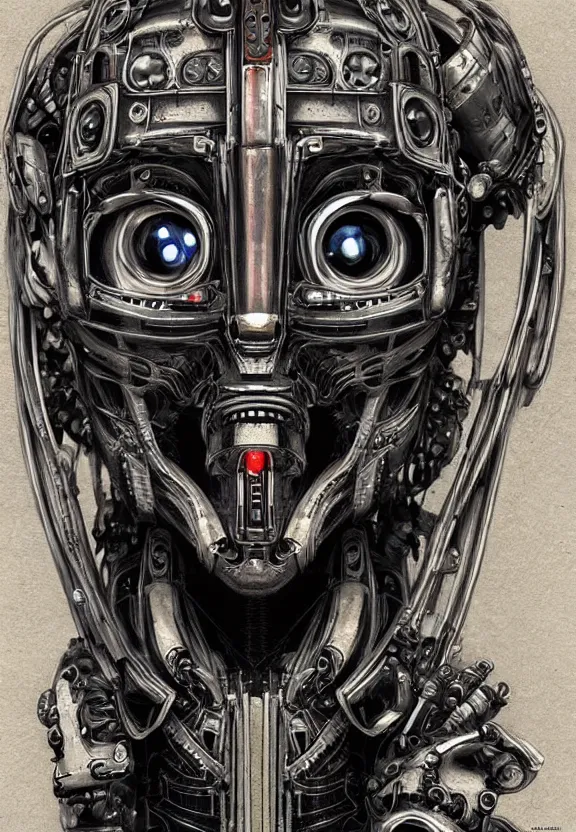 Image similar to beautiful ornate cyberpunk robot alien portrait, mechanical, realism, symmetrical