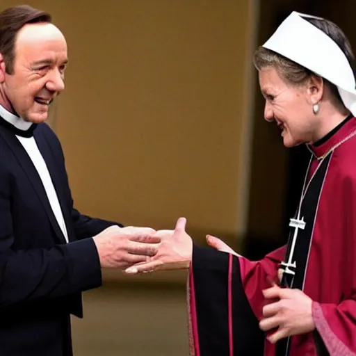 Prompt: kevin spacey dressed up as a catholic priest, giving out communion to a small old woman,