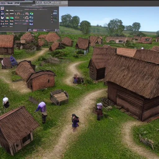 Prompt: A busy village with working peasants, Realistic, HDR, Clear Image, HDD, Dynamic lighting,