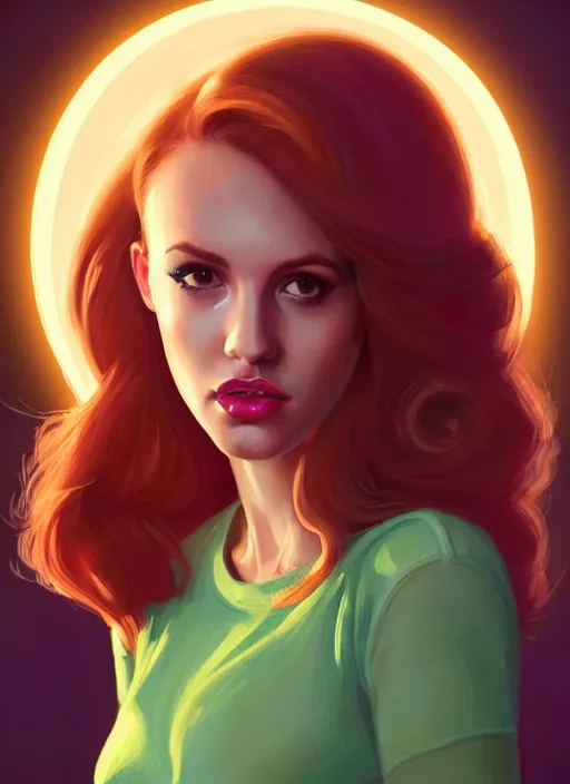 Image similar to full body portrait of teenage cheryl blossom, bangs, green eyes, sultry expression, red hair, sultry smirk, bangs and wavy hair, pink skirt, bangs, intricate, elegant, glowing lights, highly detailed, digital painting, artstation, concept art, smooth, sharp focus, illustration, art by wlop, mars ravelo and greg rutkowski