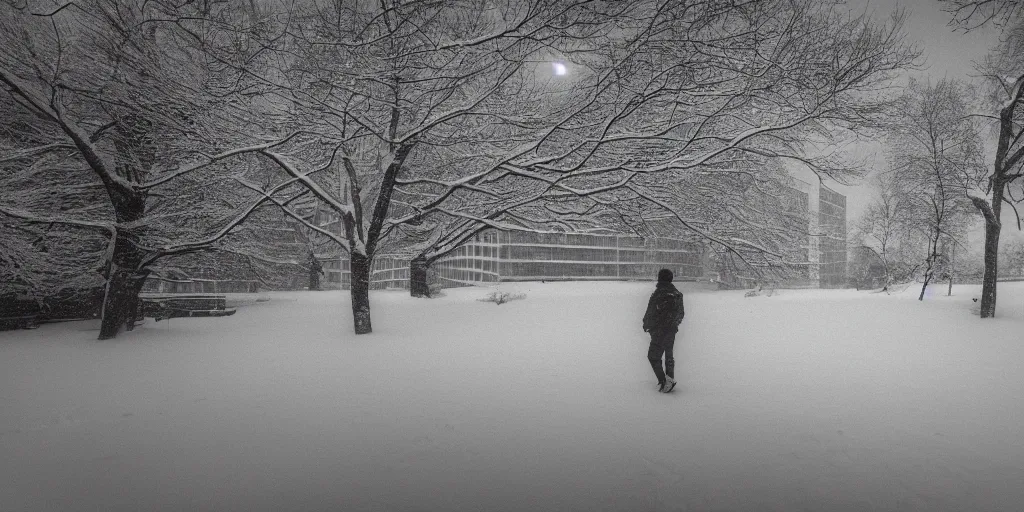 Image similar to A high resolution photograph taken with a 35mm f/12 lens of a snowy Norilks landscape with a person in the middle walking between blocks of brutalist architectural buildings.