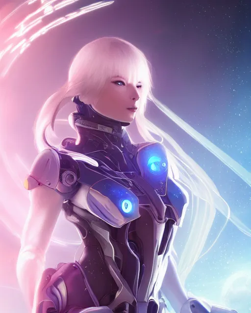 Image similar to perfect android girl on a mothership, warframe armor, beautiful face, scifi, futuristic, galaxy, nebula, raytracing, dreamy, long white hair, blue cyborg eyes, sharp focus, cinematic lighting, highly detailed, artstation, divine, by gauthier leblanc, kazuya takahashi, huifeng huang