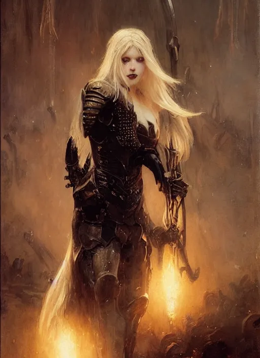 Prompt: young blonde vampire girl with long fangs wearing black medieval armour, by gaston bussiere, bayard wu, greg rutkowski, giger, maxim verehin, greg rutkowski, masterpiece, sharp focus, cinematic lightning