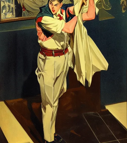 Image similar to j. c. leyendecker painting of an anime man, direct flash photography at night, film grain