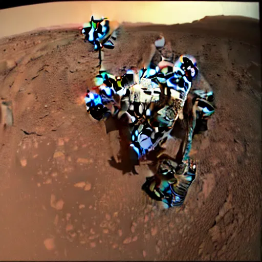 Prompt: mars rover trailcam footage, demonic creature, fisheye lens, nasa press release