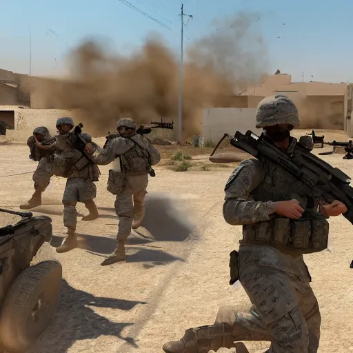 Image similar to Photo of a US Army platoon fighting terrorists on the Dust 2 real-life map, very high quality, hyper realistic 4k