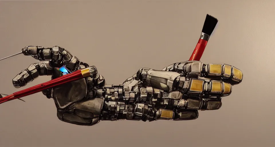 Image similar to a robot hand holding a paint brush, photorealistic, 4k