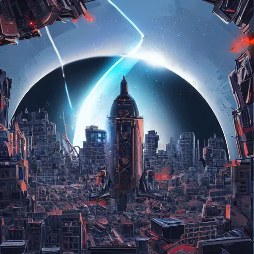 Image similar to black hole rising above city, city destroyed by shockwave, black hole with accretion disс, digital art, vector logo, sticker, art by stefan koidl, brock hofer, marc simonetti