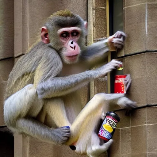 Prompt: a hyper-realistic photo of a monkey upside down eating a can of worms while scaling a building and holding a screaming woman, photo realistic,