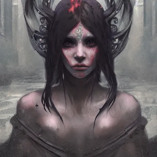 Image similar to a demon girl at the gates of hell, flawless symmetrical pretty cute face, greg rutkowski, 8 k, shallow depth of field, intricate detail, concept art,