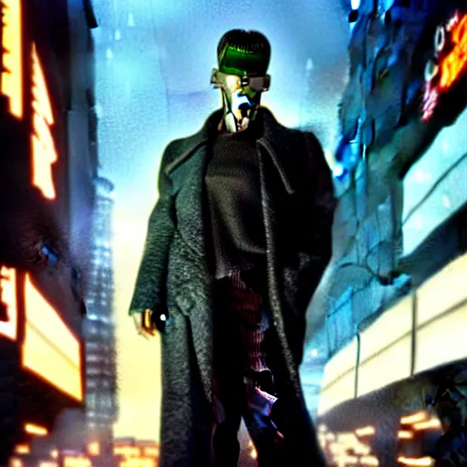 Image similar to william dafoe as a cyborg in a cyberpunk story in a distopic futuristic city in the style of bladerunner, movie still, highly detailed