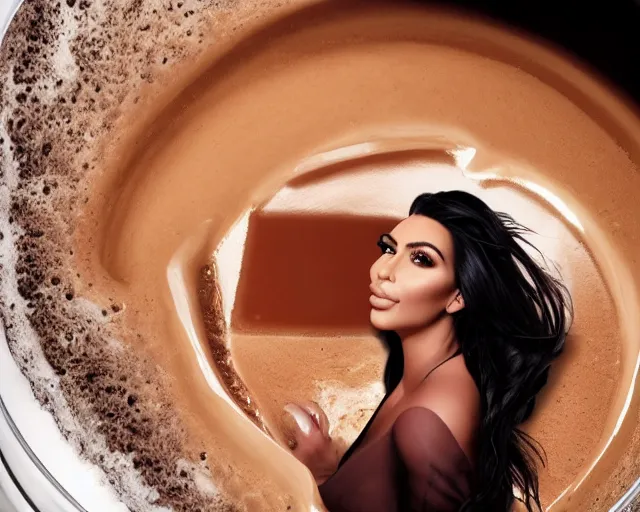 Image similar to Kim Kardashian inside a giant cup of coffee, cinematic, highly detailed, HD, 4K, professional image, professional lighting