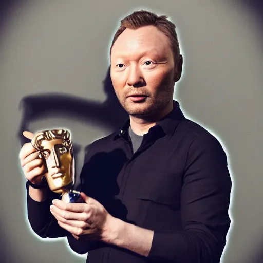 Image similar to limmy brian limond holding bafta award, realistic artstyle, wide shot, dramatic lighting, octane render, hyperrealistic, high quality, highly detailed, hd, beautiful, cinematic, 8 k, unreal engine, facial accuracy, symmetrical,