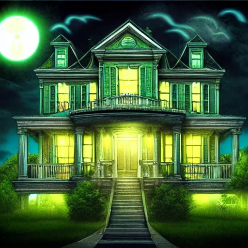 Prompt: haunted mansion, outside, upward angle, green light coming from window, ghosts night sky, lighting, clouds, artgerm, realistic, horror