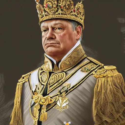 Image similar to an extremely realistic portrait depicting the coronation of viktor orban dressed in royal national costume, on the frozen danube, detailed, intricate, elegant, fat, highly detailed, digital painting, artstation, concept art, smooth, sharp focus, illustration,