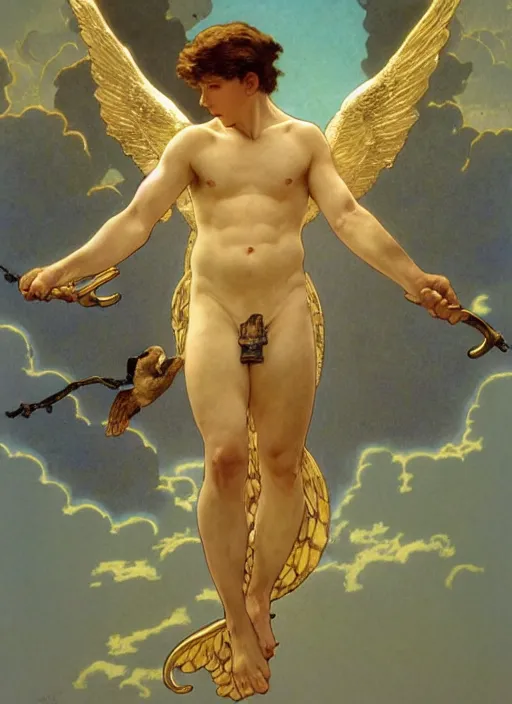 Prompt: digital character concept art by maxfield parrish and artgerm and greg rutkowski and alphonse mucha. portrait of a young 1 3 year old boy, a young god, icarus with mechanical bird wings, beautiful, holding a staff, detailed, poster art, light effect, glowing, hyper detail, intricate, elegant, digital painting, artstation, smooth, sharp focus