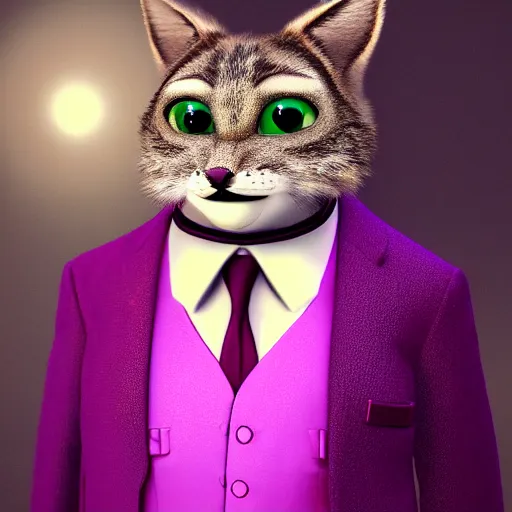 Image similar to portrait, 3d render , anthropomorphic cat, wearing a Pink tux, in the style of Zootopia