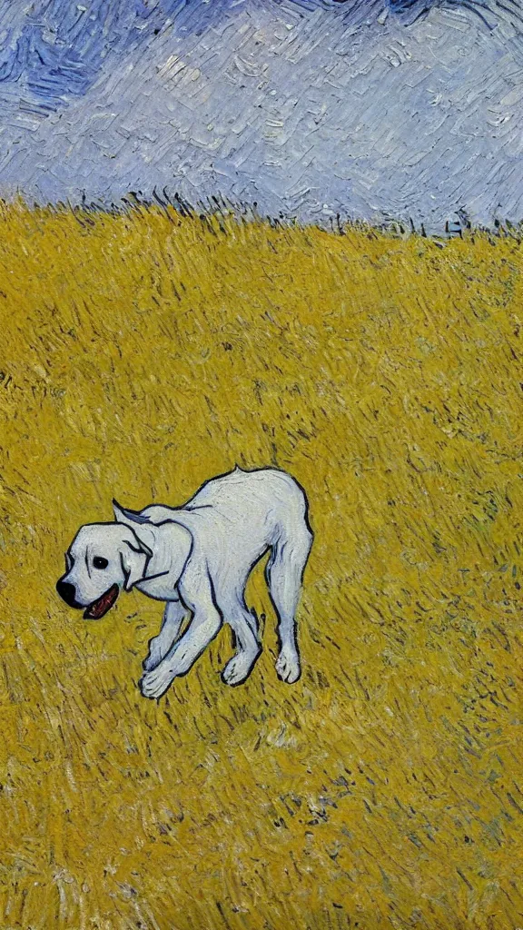 Image similar to A white and yellow dog was rolling in the field,In the style of Van Gogh.