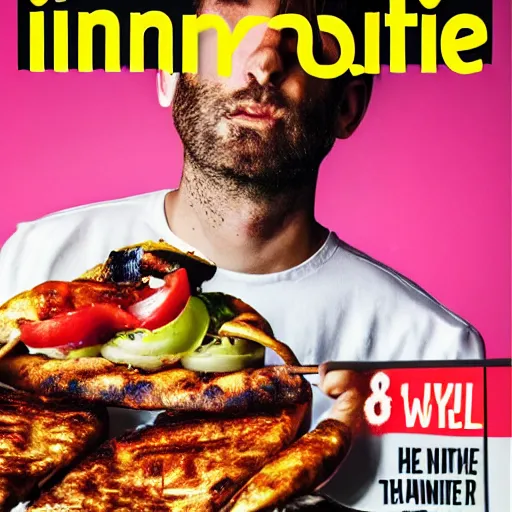 Prompt: man eating an infinite kebab, magazine cover, hd photography