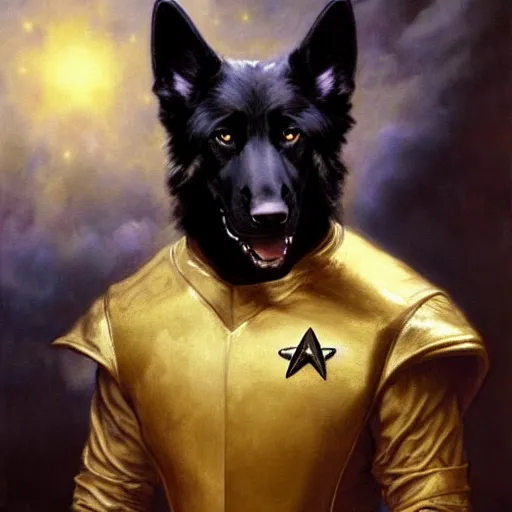 Image similar to a portrait of a man black german shepard dogman canine star trek the next generation. highly detailed painting by gaston bussiere, craig mullins, j. c. leyendecker, furry