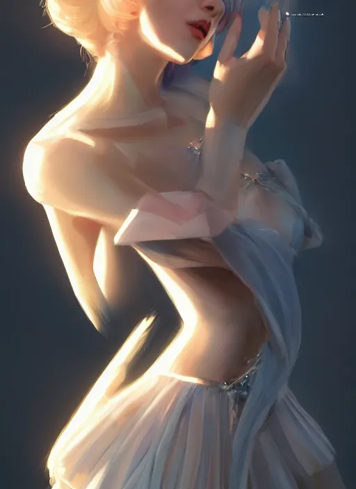 Image similar to beautiful fashion goddness, strapless dress, character portrait in the style of thomas river and artgerm, wlop, cinematic lighting, hyperdetailed, 8 k realistic, symmetrical, global illumination, radiant light, halo, love and mercy, frostbite 3 engine, cryengine, dof, trending on artstation, digital art, chanel